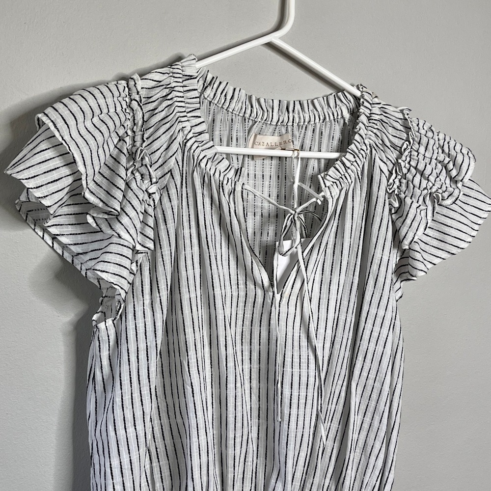 Caballero Harper Top Peplum Striped Ruffle Sleeve Tie Neck White Black Size S - Picture 5 of 9